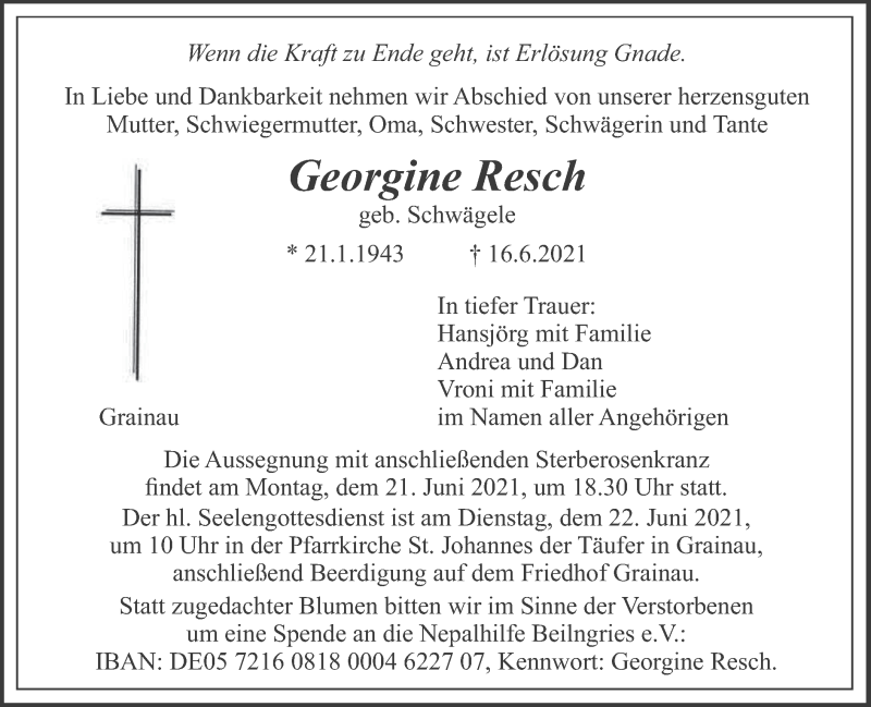  Traueranzeige für Georgine Resch vom 18.06.2021 aus merkurtz