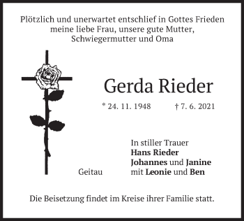 Traueranzeige von Gerda Rieder von merkurtz