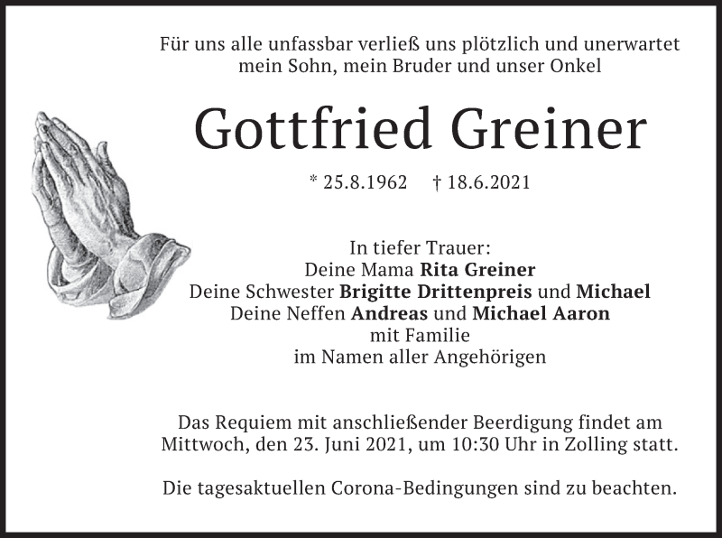  Traueranzeige für Gottfried Greiner vom 19.06.2021 aus merkurtz