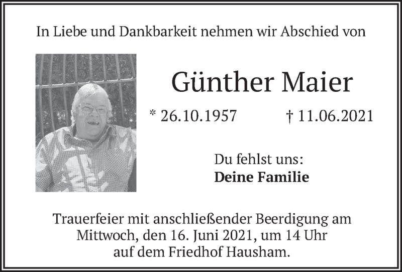  Traueranzeige für Günther Maier vom 15.06.2021 aus merkurtz