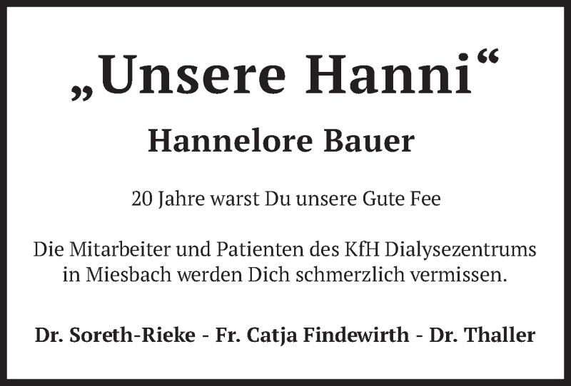  Traueranzeige für Hannelore Bauer vom 12.06.2021 aus merkurtz