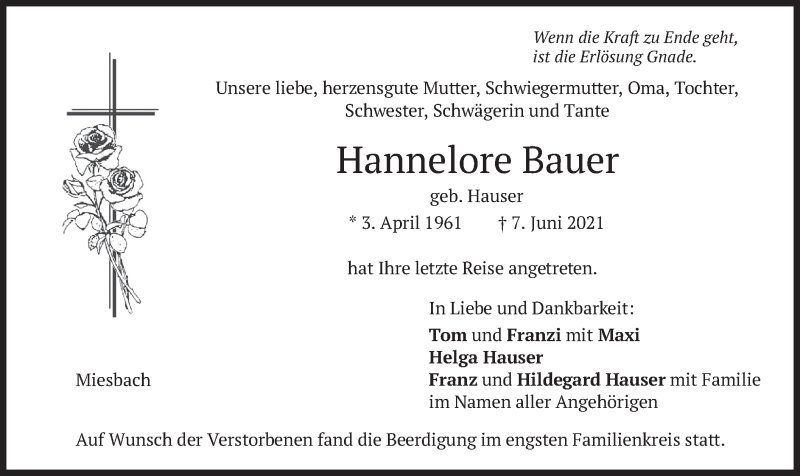 Traueranzeige für Hannelore Bauer vom 12.06.2021 aus merkurtz