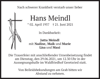 Traueranzeige von Hans Meindl von merkurtz