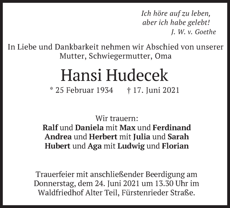  Traueranzeige für Hansi Hudecek vom 19.06.2021 aus merkurtz