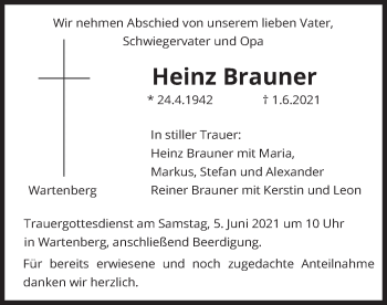 Traueranzeige von Heinz Brauner von merkurtz