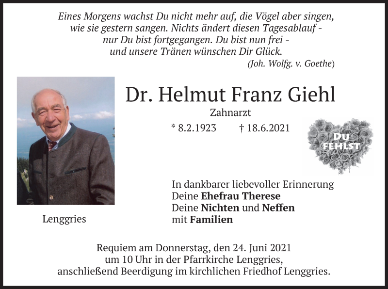  Traueranzeige für Helmut Franz Giehl vom 22.06.2021 aus merkurtz