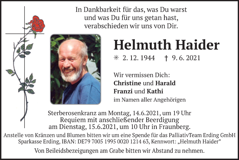  Traueranzeige für Helmuth Haider vom 12.06.2021 aus merkurtz