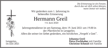 Traueranzeige von Hermann Greil von merkurtz