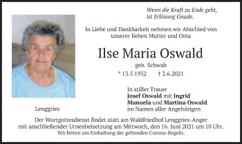 Traueranzeige von Ilse Maria Oswald von merkurtz