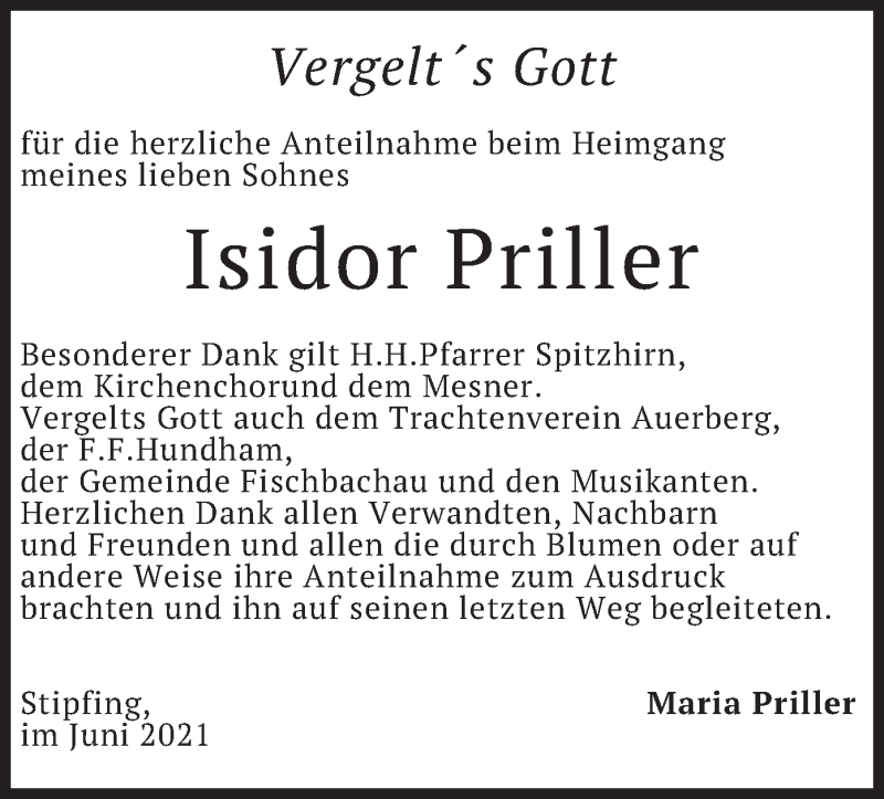  Traueranzeige für Isidor Priller vom 28.06.2021 aus merkurtz