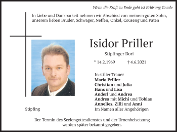 Traueranzeige von Isidor Priller von merkurtz