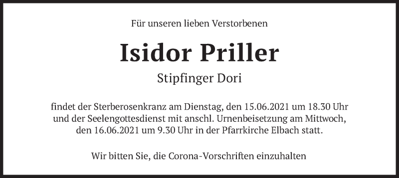  Traueranzeige für Isidor Priller vom 12.06.2021 aus merkurtz