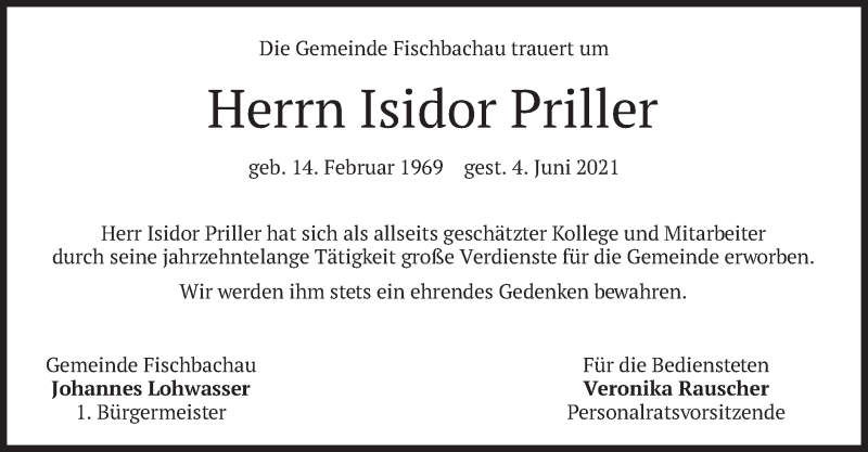  Traueranzeige für Isidor Priller vom 09.06.2021 aus merkurtz