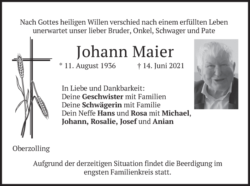  Traueranzeige für Johann Maier vom 19.06.2021 aus merkurtz