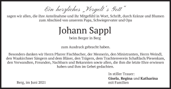 Traueranzeige von Johann Sappl von merkurtz