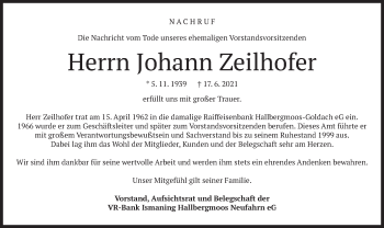 Traueranzeige von Johann Zeilhofer von merkurtz