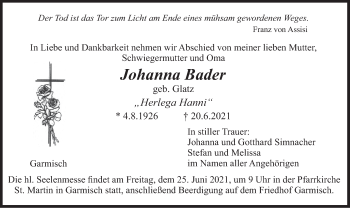 Traueranzeige von Johanna Bader von merkurtz