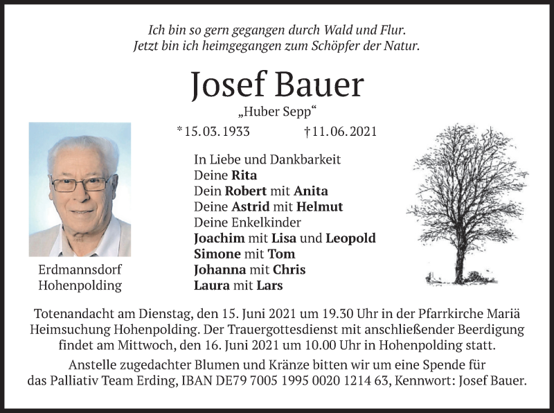 Traueranzeige für Josef Bauer vom 14.06.2021 aus merkurtz