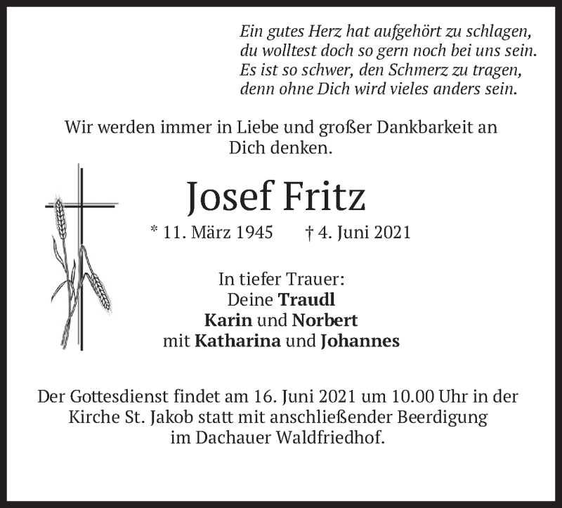  Traueranzeige für Josef Fritz vom 12.06.2021 aus merkurtz