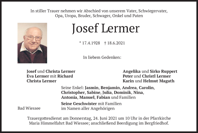 Traueranzeige für Josef Lermer vom 22.06.2021 aus merkurtz