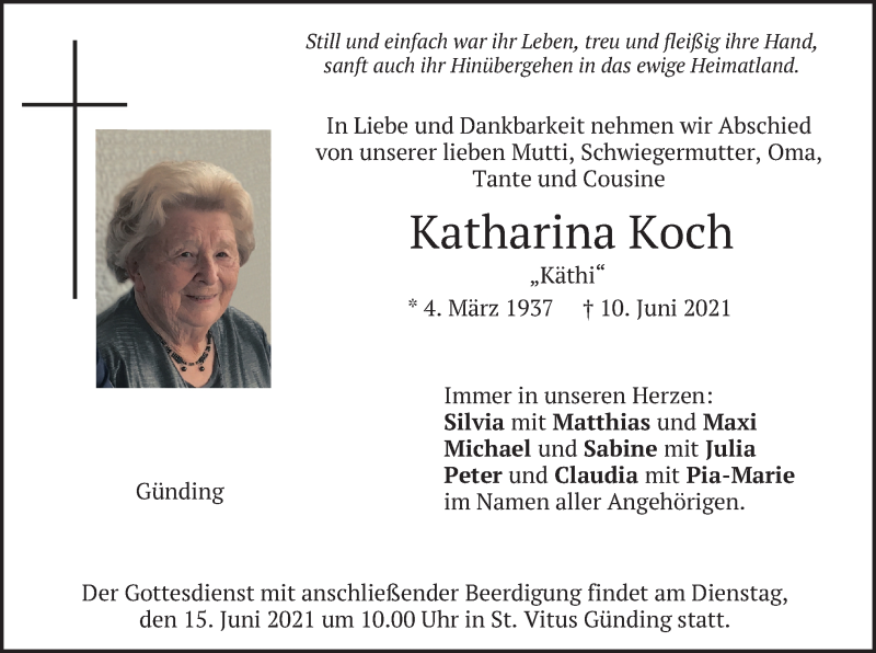  Traueranzeige für Katharina Koch vom 12.06.2021 aus merkurtz