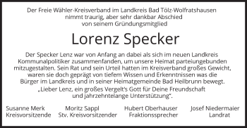 Traueranzeige von Lorenz Specker von merkurtz