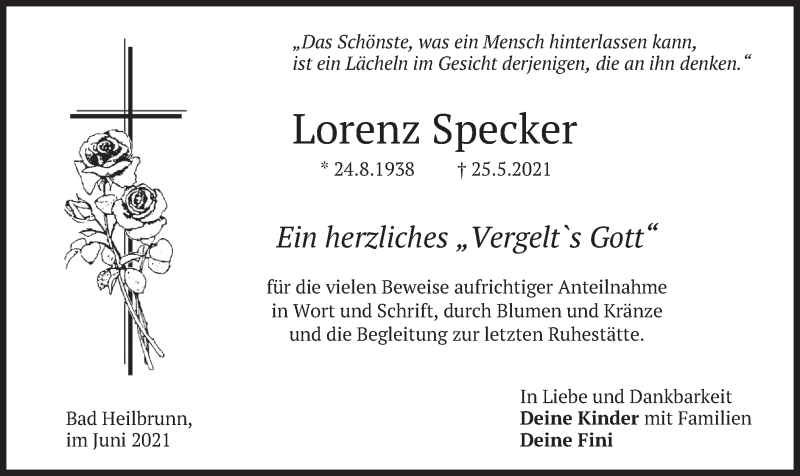  Traueranzeige für Lorenz Specker vom 12.06.2021 aus merkurtz