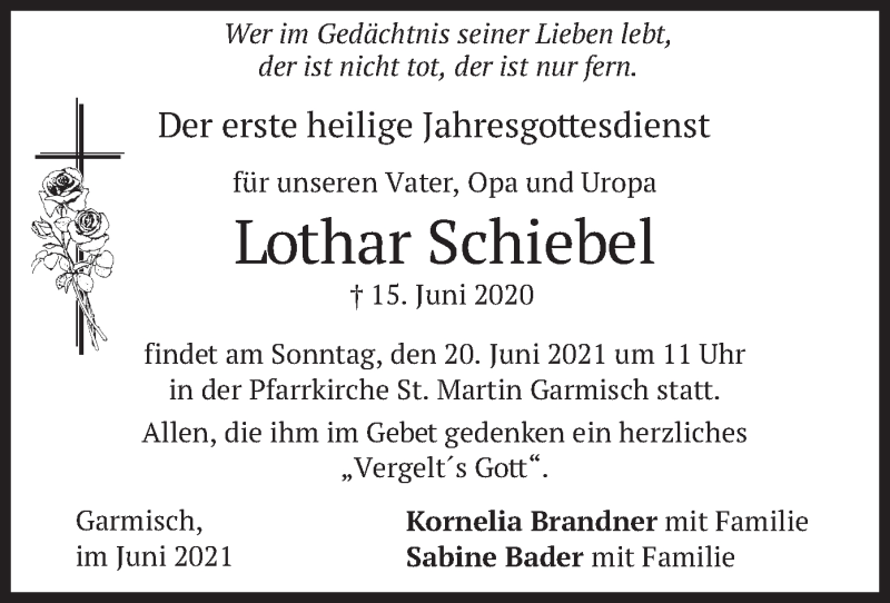  Traueranzeige für Lothar Schiebel vom 19.06.2021 aus merkurtz