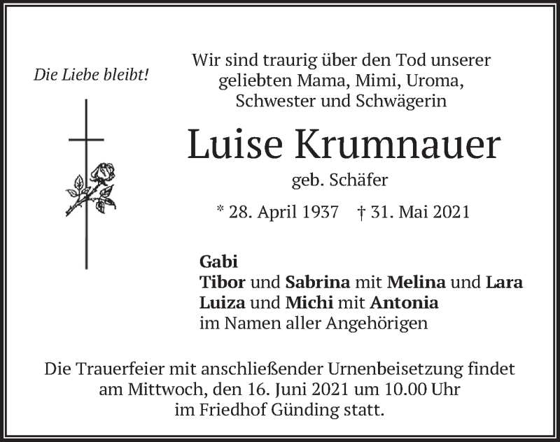  Traueranzeige für Luise Krumnauer vom 12.06.2021 aus merkurtz