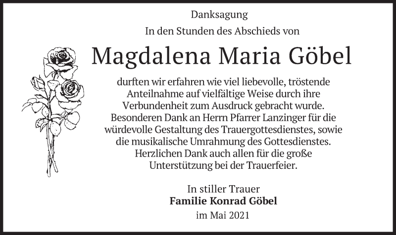  Traueranzeige für Magdalena Maria Göbel vom 12.06.2021 aus merkurtz