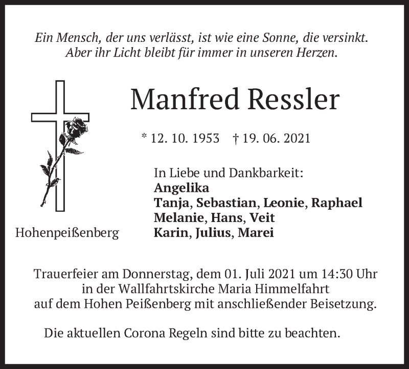  Traueranzeige für Manfred Ressler vom 26.06.2021 aus merkurtz