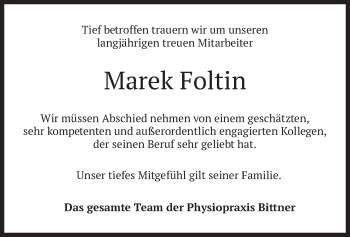Traueranzeige von Marek Foltin von merkurtz