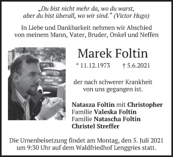 Traueranzeige von Marek Foltin von merkurtz