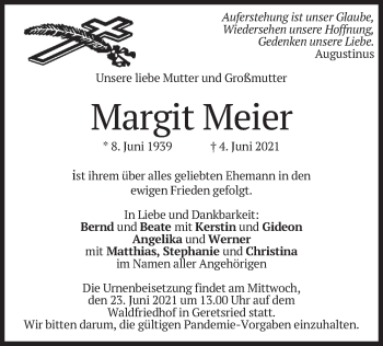 Traueranzeige von Margit Meier von merkurtz