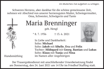 Traueranzeige von Maria Brenninger von merkurtz