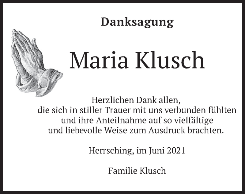  Traueranzeige für Maria Klusch vom 05.06.2021 aus merkurtz