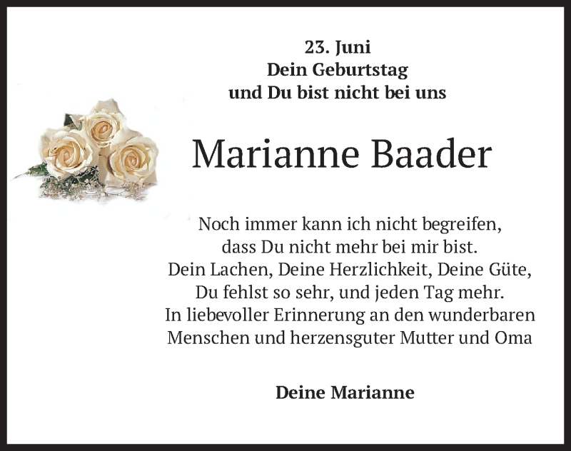  Traueranzeige für Marianne Baader vom 23.06.2021 aus merkurtz