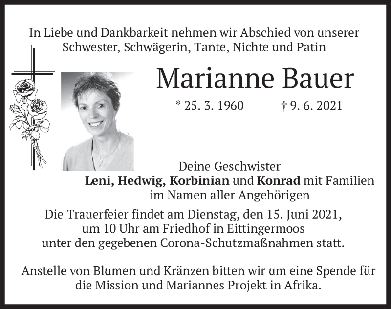  Traueranzeige für Marianne Bauer vom 12.06.2021 aus merkurtz