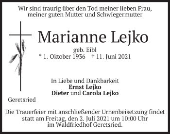 Traueranzeige von Marianne Lejko von merkurtz