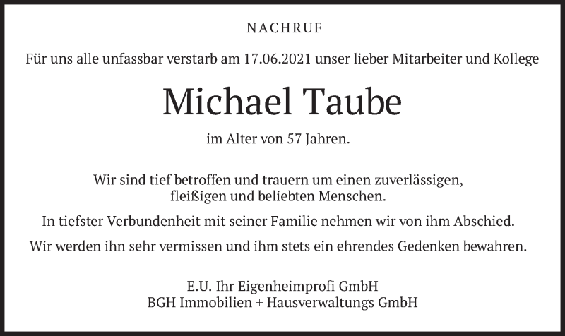  Traueranzeige für Michael Taube vom 19.06.2021 aus merkurtz