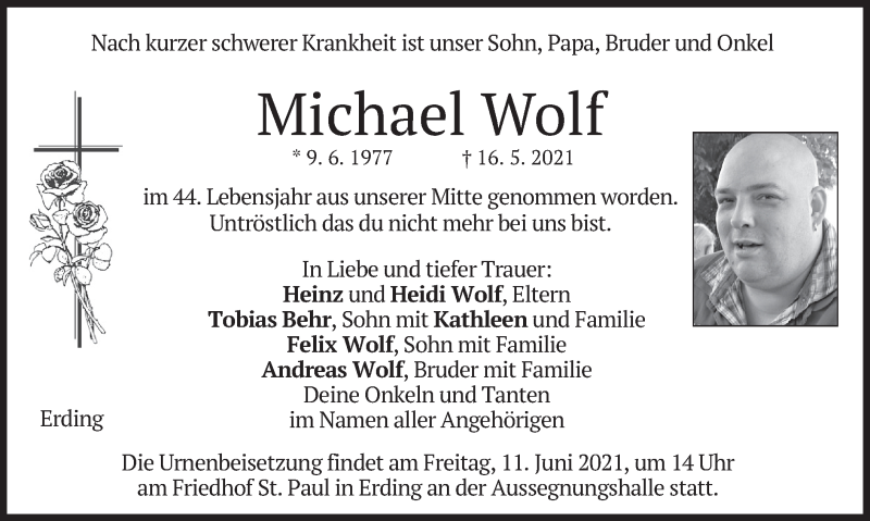  Traueranzeige für Michael Wolf vom 08.06.2021 aus merkurtz