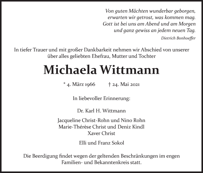  Traueranzeige für Michaela Wittmann vom 19.06.2021 aus merkurtz