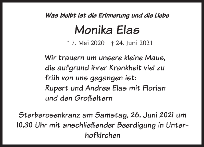  Traueranzeige für Monika Elas vom 26.06.2021 aus merkurtz