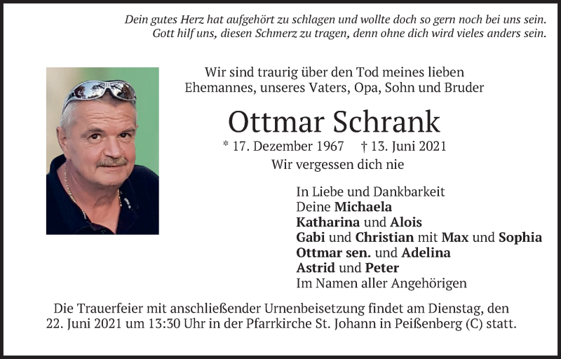  Traueranzeige für Ottmar Schrank vom 19.06.2021 aus merkurtz