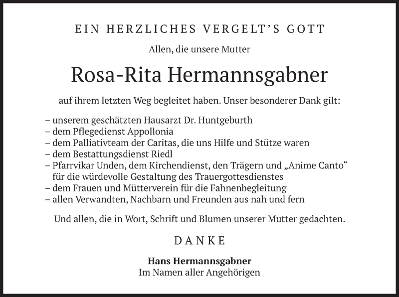  Traueranzeige für Rosa-Rita Hermannsgabner vom 18.06.2021 aus merkurtz