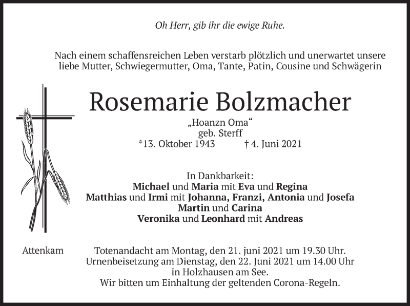  Traueranzeige für Rosemarie Bolzmacher vom 08.06.2021 aus merkurtz