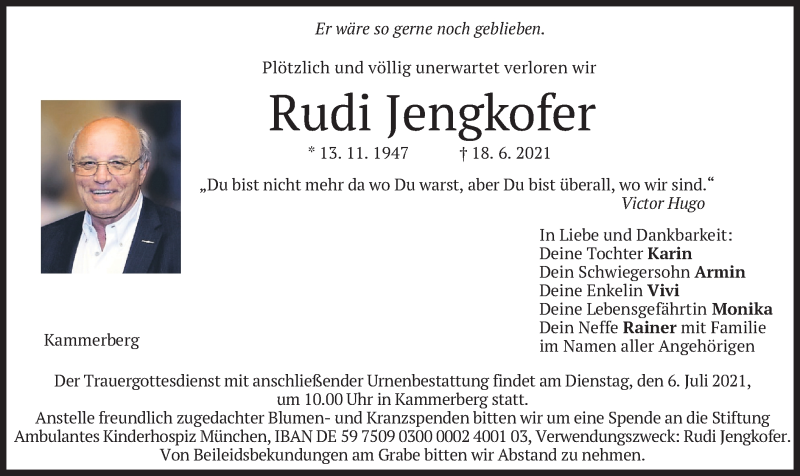 Traueranzeige für Rudi Jengkofer vom 25.06.2021 aus merkurtz