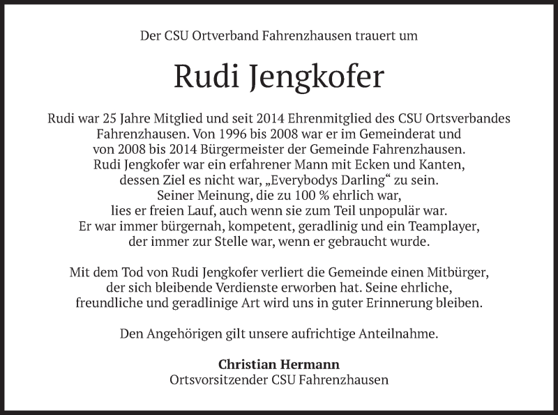  Traueranzeige für Rudi Jengkofer vom 26.06.2021 aus merkurtz
