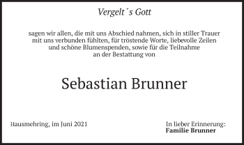 Traueranzeige von Sebastian Brunner von merkurtz