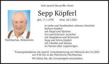 Traueranzeige von Sepp Köpferl von merkurtz